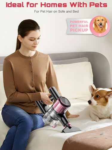 Cordless Vacuum Cleaner, 10 in 1 Stick Vacuum with Powerful Suction, Hose, Green LED Light, Anti-Tangle Brush, Lightweight Rechargeable Vacuum Cleaner for Home, Hardwood Floors, Carpets, Pet Hair,Pink - Image 6