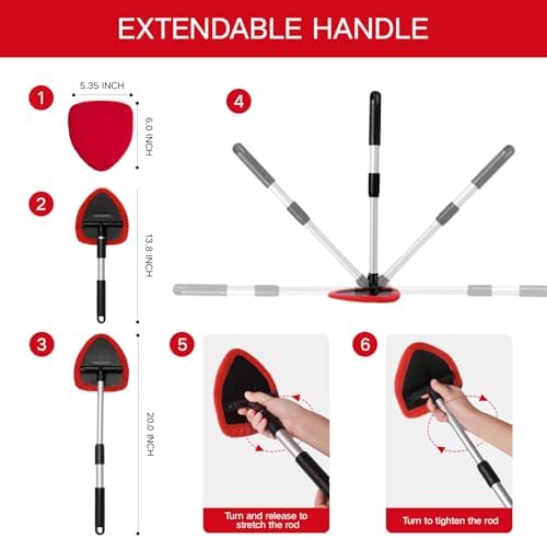 Qydipclin 7pcs Windshield Cleaner Tool Car Window Cleaning Wash Kit with 4 Reusable Microfiber Pads 1 Spray Bottle and Extendable Handle Auto Glass Wiper Kit, Red - Image 4