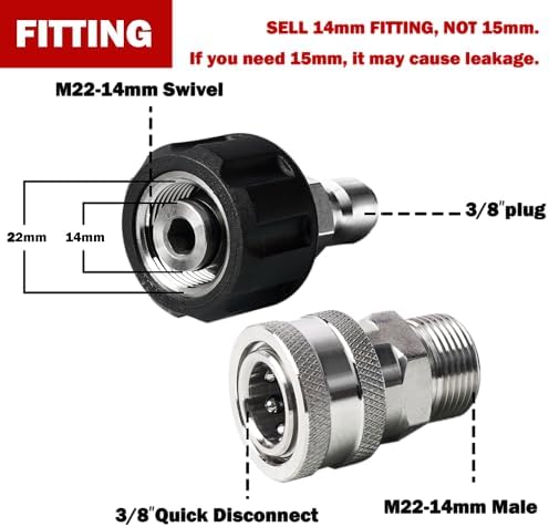 LIULO TOOL Pressure Washer Quick Connect Kit, Stainless Steel Quick Disconnect Kit, M22 14 mm Metric Male Thread Quick Connector, M22 Swivel to 3/8" Quick Connect (4 Pack) - Image 2