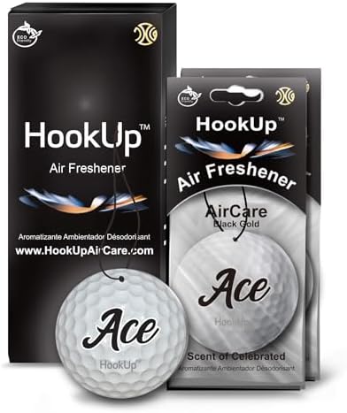 Golf Car Air Freshener by HookUp - 2 Pack - Black Gold Scent (Extra Strong) | Unique Golf Gift for Players, Coach, Fans | Hanging Car Accessory with Long Lasting Fresheners Smell by HookUpAirCare