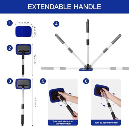 Qydipclin 11pcs Windshield Cleaner Tool, Car Window Cleaning Wash Kit with 6 Reusable Microfiber Pads 2 Spray Bottles and Extendable Handles Auto Glass Wiper Kit, Blue - Image 5