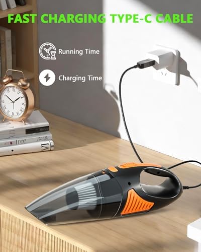 Handheld Vacuum Cordless, Rechargeable Car Vacuum Cleaner with Multiple Attachments, Portable Hand Held Vacuum Suction Power, Mini Vacuum for Car, Home, Pet Hair, Office, Desk, Keyboards Black Orange - Image 3