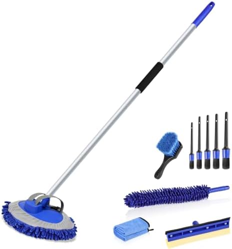 anngrowy 62" Microfiber Car Wash Brush with Long Handle Car Washing Mop Kit Mitt Sponge Car Cleaning Supplies Duster RV Washing Car Brushes, 1 Chenille Scratch-Free Replacement Head (Blue&Yellow) by anngrowy