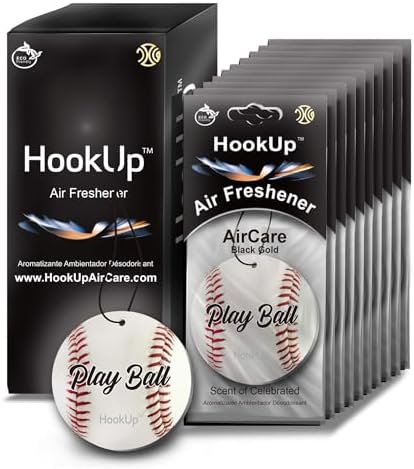Baseball Car Air Freshener by HookUp - 10 Pack - Black Gold Scent (Extra Strong) | Unique Baseball Gift for Players, Coach, Fans | Hanging Car Accessory with Long Lasting Fresheners Smell by HookUpAirCare