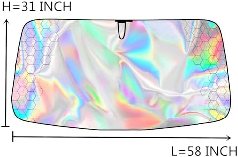 GWUSKDT Foldable Windshield Sunshade Iridescent Heat Shield with Reflective Polyester Fabric UV Protection Car Sun Shade with Memory Steel Frame Keeps Interior Cool & Protects Dashboard (58 x 31 in) - Image 4