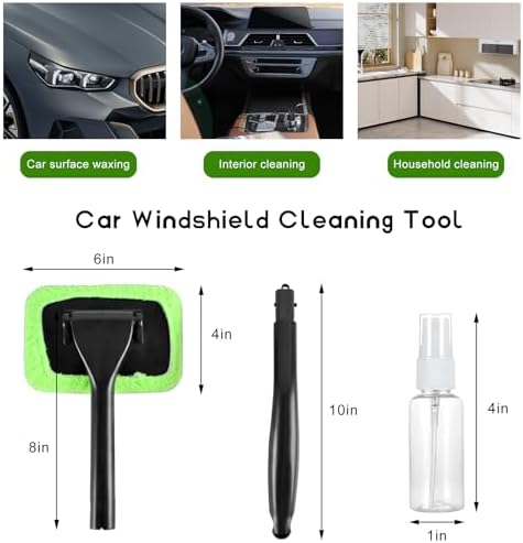 Car Windshield Cleaning Tool, Microfiber Windscreen Cleaner with 4 Washable Cloth Pads & Spray Bottle, Reusable Window Cleaning Kit with Detachable Handle for Auto Glass Wiper - Image 2