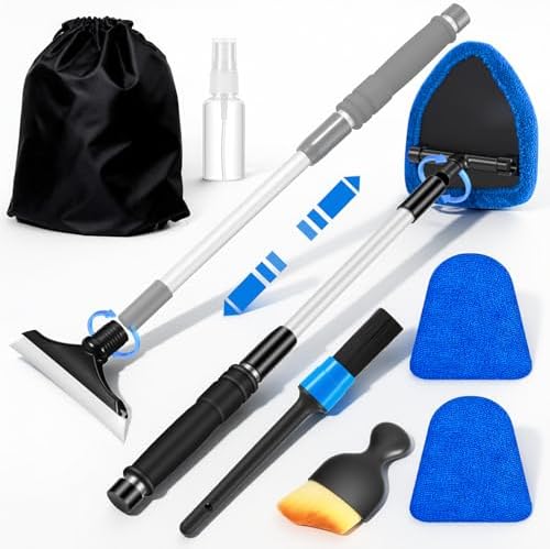 Windshield Cleaner Tool, Car Interior Cleaning Kit with Extendable Handle and 3 Reusable Microfiber Pads, Auto Glass Wiper and Detailing Brush Kit for Car & Home Window, Blue by Vioview