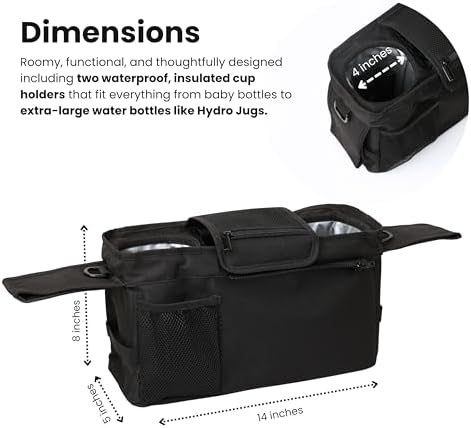 Universal Stroller Organizer with Insulated Cup Holders | Detachable Phone/Wipe Pouch & Shoulder Strap Stroller Caddy | Spacious, Fits Jogger, Umbrella, Travel & Pet Strollers - Image 3