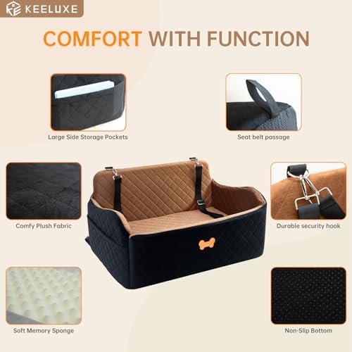 Car Seat for Large Size Dog, Booster Seat for Dogs Under 55 lbs or 2 Small Dogs, Soft Car Dog Bed Filling in Thick Memory Foam with 2 Safety Leashes and Storage Pocket (Brown/Black) - Image 5