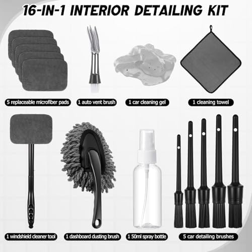 16 Pcs Windshield Cleaner Tool, Car Cleaning Kit with Various Detailing Brushes Set Spray Bottle Cleaner Towel Cleaning Gel Accessories Car Interior Detailing Kit for Windows Vents(Gray) - Image 2