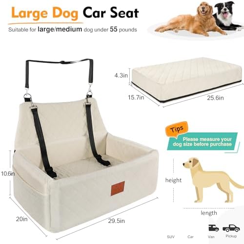 Dog Car Seat for Large Medium Sized Dogs, Washable Car Dog Bed Under 55 lbs | Dog Booster Seat for 2 Small Dogs, Elevated Cushion, Detachable Cover, Pet Car Seat with Storage Pockets, 2 Safety Belts - Image 2