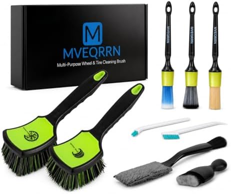MVEQRRN 9PCS Boar Hair Car Detailing Brush Set,Car Wheel Brush Kit (Green) by MVEQRRNcardetailbrushset