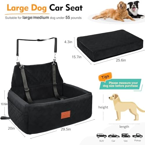 NEEZUKAR Dog Car Seat for Large Medium Size Dogs, Pet Car Seat Under 55 lbs | Thick Cushion, Detachable Washable Dog Booster Seat for 2 Small Dogs, Travel Dog Car Bed with Storage Pockets, 2 Safety Belts - Image 2