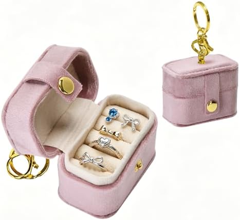 Mini Velvet Ring Box with Keychain Clip, Travel Jewelry Organizer Ring Earrings Storage Box for Proposal Engagement Wedding Ceremony Party, Pet Ring Bearer Accessory, Pink - Image 4