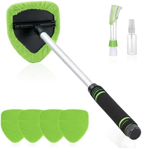 7 PCS Windshield Cleaning Tool, 19" Windshield Cleaner Kit with Extendable Handle, Microfiber Towel Pads, Brush, Empty Spray Bottle for Auto Glass Interior (Green) by Unknown