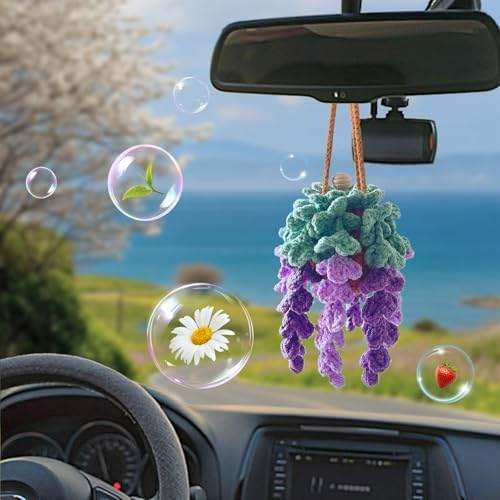 Crochet Car Air Freshener, Empty Refillable Oil Diffuser Bottle with Hanging Crochet Plant for Car Rearview Mirror Decor, Handmade Home and Office Decor (Wisteria) - Image 2