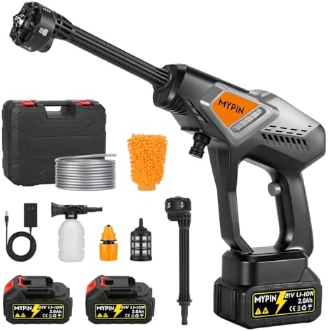 Portable Cordless Pressure Washer, 600 PSI with 21V Two Rechargeable Powered Pressure Washer, 6-in-1 Nozzle with 2 Batteries for Car/Fence/Garden/Floor/Yards Cleaning by MYPIN