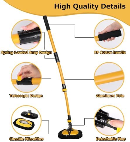 anngrowy 47.64" Car Wash Brush Mop Kit Mitt Sponge with Long Handle Car Cleaning Supplies Kit Tools Car Washing Duster Exterior Scratch Free, Chenille Replacement Head Extension Pole - Image 7