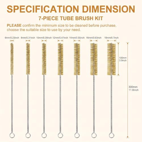 Tube Brush Kit 7 Pcs Brass Wire Brushes 12 Inch Long Pipe Cleaner with 6mm to 18mm for Engine Bore Auto Parts Cleaning - Image 2