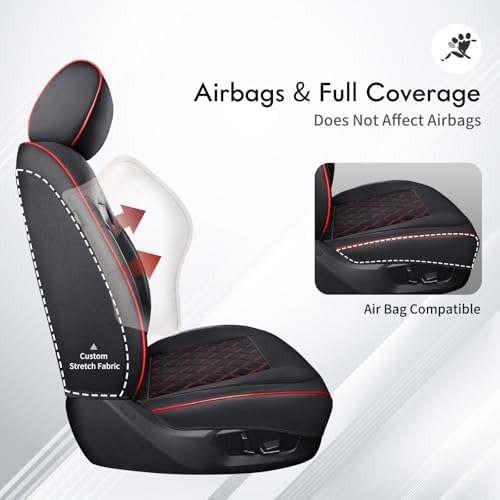 Huidasource Front Seat Covers for Jeep Wrangler JL 2018-2026, Waterproof Leather 2Pcs Front Seat Protector for Wrangler JL 2 Door/4 Door Sport Rubicon Sahara High Altitude (Front Pair/Black&Red) - Image 5