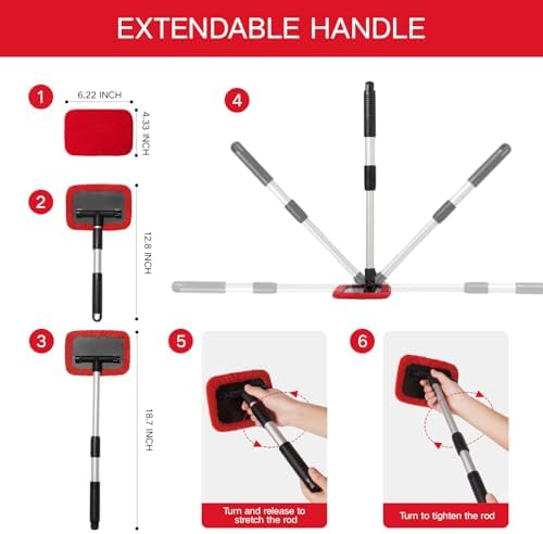 Qydipclin 11pcs Windshield Cleaner Tool, Car Window Cleaning Wash Kit with 6 Reusable Microfiber Pads 2 Spray Bottles and Extendable Handles Auto Glass Wiper Kit, Red - Image 5