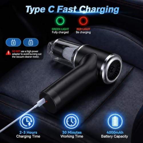 Handheld Cordless Vacuum Cleaner,8000PA Suction 4 Modes Portable Car Vacuum,4000mAh Rechargeable Battery,3 Filters,7-in-1 Kit for Home Office Car Pet, Black - Image 3