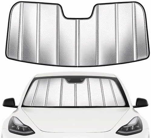 Windshield Sun Shade for Tesla Model 3 2018-2026, Model Y 2020-2026, Foldable 3-Layer High Reflective Silver Sunshade, Blocks UV Rays & Reduces Cabin Heat by Unknown