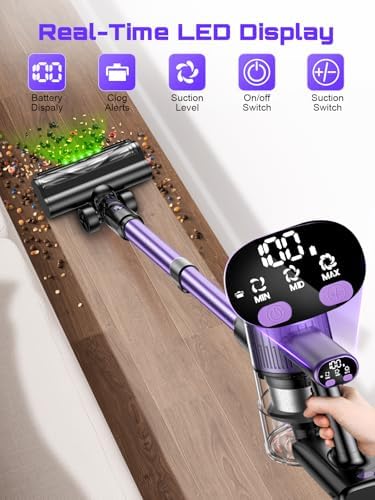 Cordless Vacuum Cleaner, 10 in 1 Stick Vacuum with Powerful Suction, Hose, Green LED Light, Anti-Tangle Brush, Lightweight Rechargeable Vacuum Cleaner for Home, Hardwood Floors,Pet Hair (Purple) - Image 3