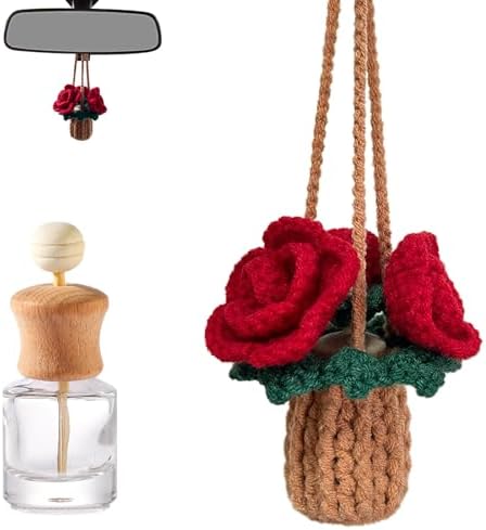 Crochet Car Charm With Empty Refillable Oil Diffuser Bottle. Crochet Plant for Car Rearview Mirror Decor, Handmade Home and Office Decor (Rose) by Unknown