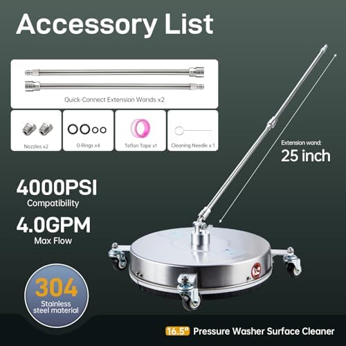 TOR 16.5" Pressure Washer Surface Cleaner with 4 Wheels, Surface Cleaner for Pressure Washer, 2 Extension Wands, 2 Replacement Nozzles, Power Washer Surface Cleaner for Concrete, Driveway - Image 6