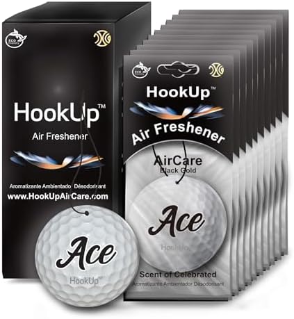 Golf Car Air Freshener by HookUp - 10 Pack - Black Gold Scent (Extra Strong) | Unique Golf Gift for Players, Coach, Fans | Hanging Car Accessory with Long Lasting Fresheners Smell by HookUpAirCare