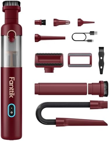 Fanttik Slim V8 APEX Cordless Car Vacuum & Air Duster, 4-in-1 Portable Mini Vacuum with 19000pa Suction Power for Pet Hair, Type-C Charge, One-Touch Empty for Car, Office Desk, Keyboards (Red) by FANTTIK%C2%AE