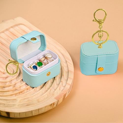 Wedding Ring Bearer Pillows Box for Dog Collar, PU Leather Travel Mini Ring Holder Pouch with Keychain Clip& Buckle Closure, Bridesmaid Gifts Jewelry Storage Case for Women Girls(Light blue) - Image 3