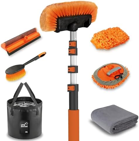 LAANPOLE 12FT Car Wash Brush with Long Handle, Car Cleaning Kit with Soft Bristle Wash Brush, Microfiber Cleaning Mop, Window Squeegee, Mitt, Wheel Brush, Bucket, Drying Towel for RV, Truck, Boat by LAANPOLE
