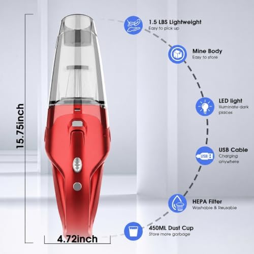 YOOHI Handheld Vacuum Cordless Rechargeable – 6000Pa Mini Hand Held Vacuum, LED Light, 20–25 Mins Runtime, USB Charging, 500ML Cup – Lightweight Small Vacuum Cleaner Cordless for Car/Office/Home - Image 3