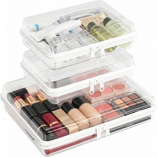3Pcs Clear Hard Shell Zipper Case, Water Resistant Travel Pouches SSL | Diaper bag, makeup, toiletry & toy storage; rigid PET protects from crush, water and dust, with assorted sizes for daily use. by SELFIECAT