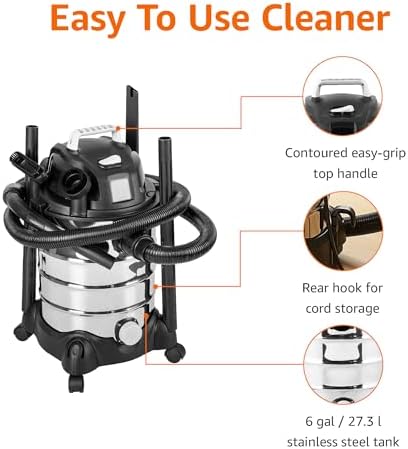 Amazon Basics Wet Dry Shop Vacuum Cleaner, 6 Gallon, 3.5 HP Stainless Steel, with Filter, Grey/Black - Image 3
