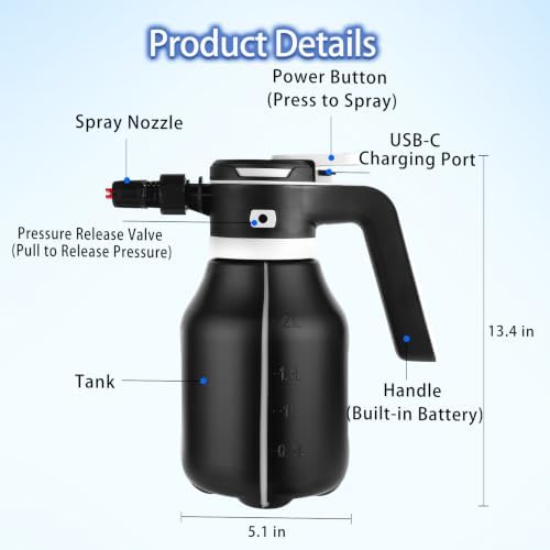 Electric Foam Sprayer for Car Wash, 2L Rechargeable Battery-Powered Foam Cannon with 3500mAh Large Capacity Battery & Battery Level Display, Type-C Charging with English Manual - Image 6