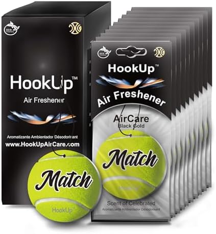 Tennis Car Air Freshener by HookUp - 10 Pack - Black Gold Scent (Extra Strong) | Unique Tennis Gift for Players, Coach, Fans | Hanging Car Accessory with Long Lasting Fresheners Smell by HookUpAirCare