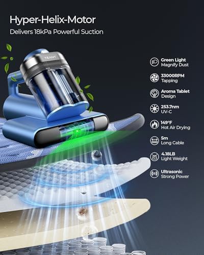 Teant Bed Mattress Vacuum, 18 kPa & Green Light Dust Detection, MV-Grey - Image 3