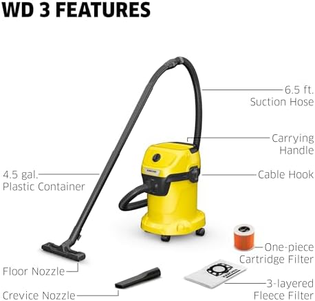 KÄRCHER Shop Vacuum WD 3, 4.5 Gal, 2.8 Peak HP, 26 ft Reach, Wet Dry Vacuum Cleaner, Blower Function, Crevice Tool, Floor Nozzle, Great for Car Cleaning - Image 2