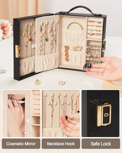 Enthralite Portable Travel Jewelry Case: Jewelry Box with Lock and Mirror | Quality PU Leather & Velvet Lined Jewelry Organizer - Large Capacity for Ring Earring Large Necklaces - Birthday Gift for Her - Image 5