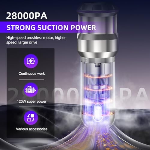 Handheld Vacuum Cleaner, 28000Pa 4 in 1 Handheld Vacuum Cordless, One-Touch Dust Removal, 3 Speeds Brushless Motor Mini Vacuum, Car Vacuum Portable Cordless for Office, Home, Kitchen, Car, Pet Hair - Image 2