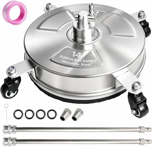 Hourleey 14" Pressure Washer Surface Cleaner, Stainless Steel Surface Cleaner with 4 Wheels for Concrete, Patio, Sidewalk, Deck, Pathway 1/4" Quick Connector, 2 Extension Wand, 4000 PSI by Hourleey