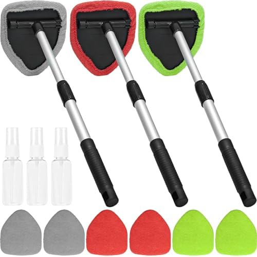 Beieverluck 3 Pieces Windshield Cleaning Tool Inside Car Window Cleaner Cleaning Tool with Extendable Handle, 9 Microfiber Pads and 3 Spray Bottles Car Auto Glass Wiper Kit by Beieverluck