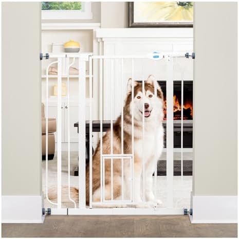 Carlson 36" Extra Tall Walk Through Dog Gate for Doorways & Bottom of Stairs, Metal Pet Gate with Small Pet Door, Expands 29.5”–36.5”, White by Carlson%C2%AEPetProducts