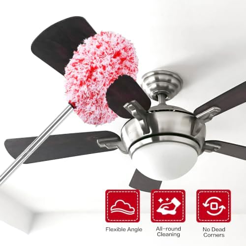 Ceiling Fan Cleaner Duster Reusable Microfiber Ceiling Fan Blade Cleaner Removable Duster with Extension Pole Adjusts 13 to 49.7 Inch for Cleaning Walls Furniture Door Window Top (Red White) - Image 2