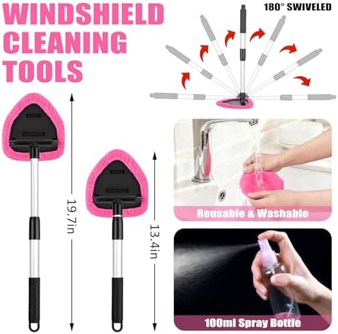 Windshield Cleaner Tool, 17Pcs Car Interior Detailing Kit, Detailing Brush, Towels, Duster, Car Cleaning Kit Interior for RVs, Truck, Trailer (Pink) - Image 2