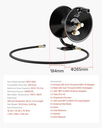 VEVOR Pressure Washer Hose Reel, 50 ft x 3/8 inch Heavy-Duty Steel Bracket-Mounted Pressure Hose Reel, Wall/Floor/Truck Mount, 4000PSI Max, Manual Power Hand Crank for Car/Floor Washing,Garden - Image 7