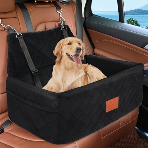 NEEZUKAR Dog Car Seat for Large Medium Size Dogs, Pet Car Seat Under 55 lbs | Thick Cushion, Detachable Washable Dog Booster Seat for 2 Small Dogs, Travel Dog Car Bed with Storage Pockets, 2 Safety Belts by NEEZUKAR